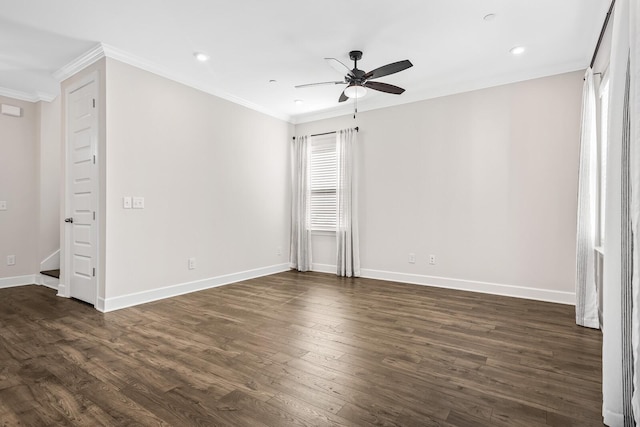 unfurnished bedroom with baseboards, ornamental molding, and dark wood-style flooring