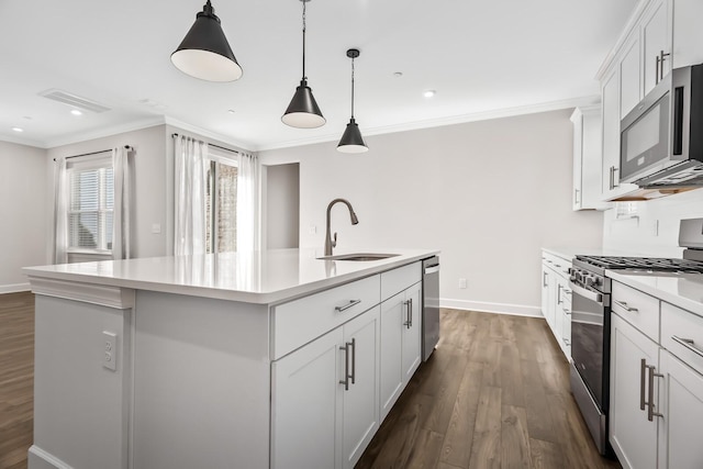 kitchen featuring stainless steel appliances, crown molding, a sink, and an island with sink