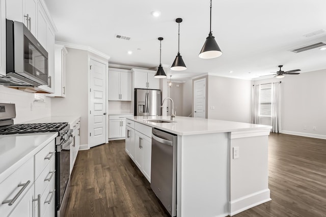 kitchen featuring appliances with stainless steel finishes, dark wood-style flooring, a sink, and visible vents