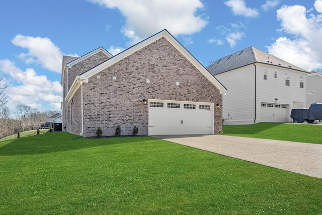 view of side of property featuring a garage, brick siding, a lawn, and central AC unit