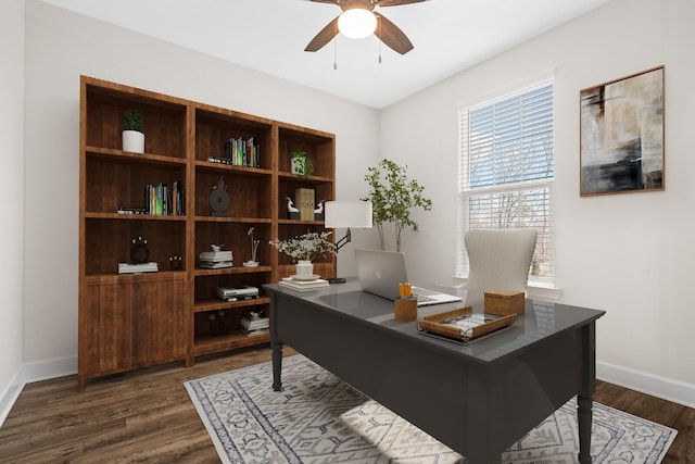 office space featuring ceiling fan, dark wood-type flooring, and baseboards