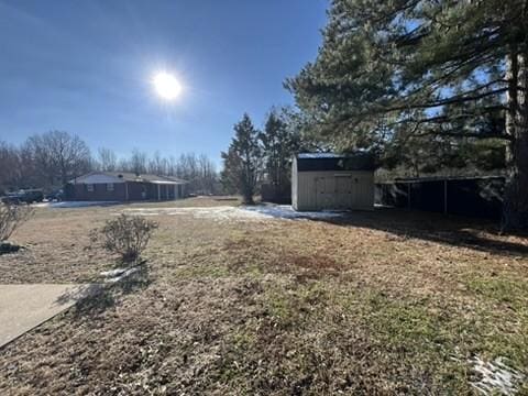 view of yard featuring a storage shed