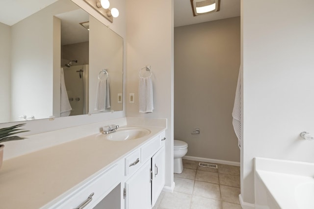 full bathroom featuring toilet, vanity, and separate shower and tub