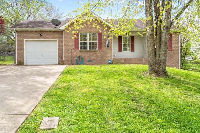 ranch-style house with brick siding, concrete driveway, a front yard, crawl space, and a garage