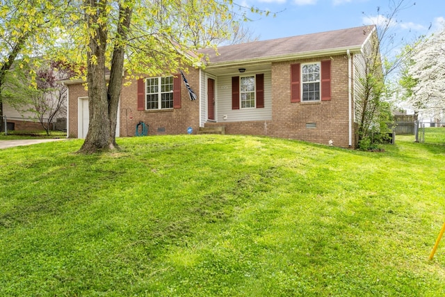 single story home with crawl space, fence, a front lawn, and brick siding