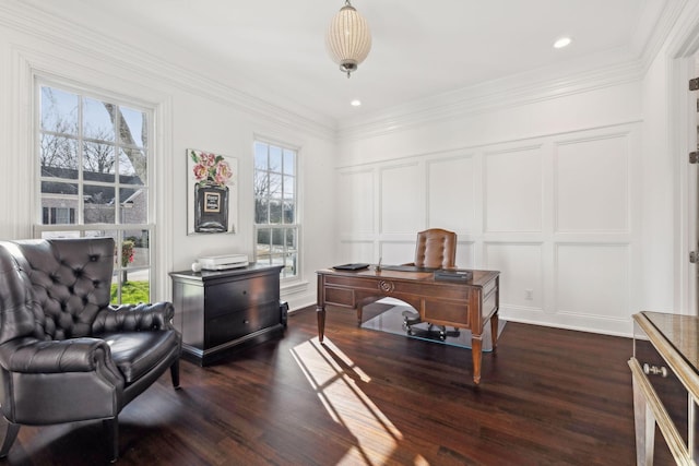 office space featuring dark wood-type flooring and a wealth of natural light