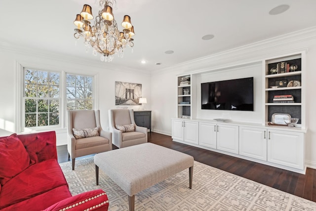 living room featuring dark wood-type flooring, an inviting chandelier, and ornamental molding