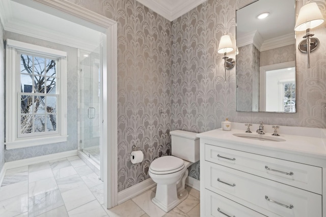 bathroom with toilet, vanity, walk in shower, and crown molding