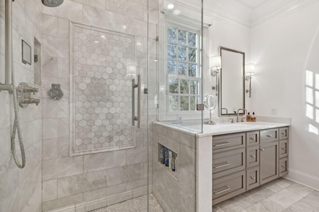 bathroom featuring walk in shower, vanity, and crown molding