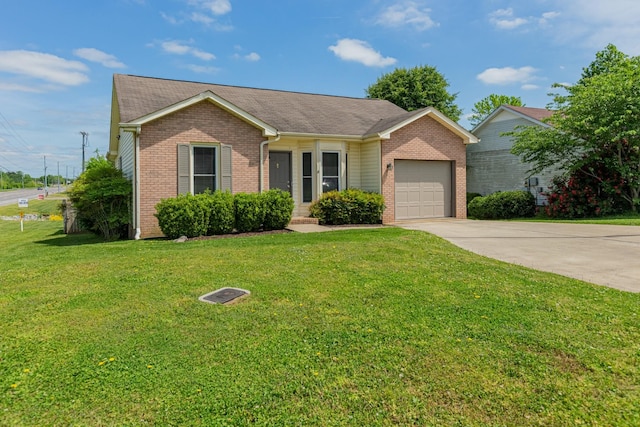 ranch-style house with a garage and a front yard