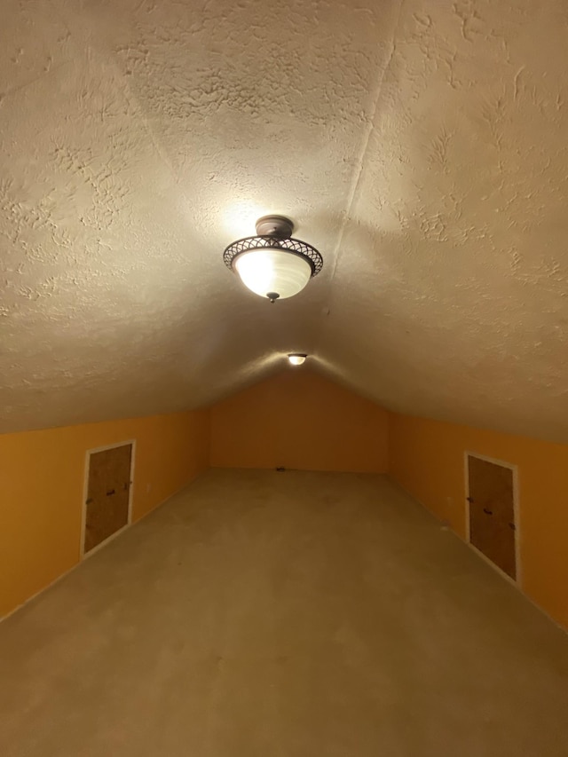 additional living space with a textured ceiling and vaulted ceiling