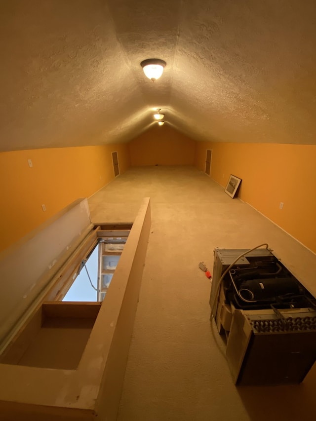 additional living space with a textured ceiling, lofted ceiling, and carpet flooring