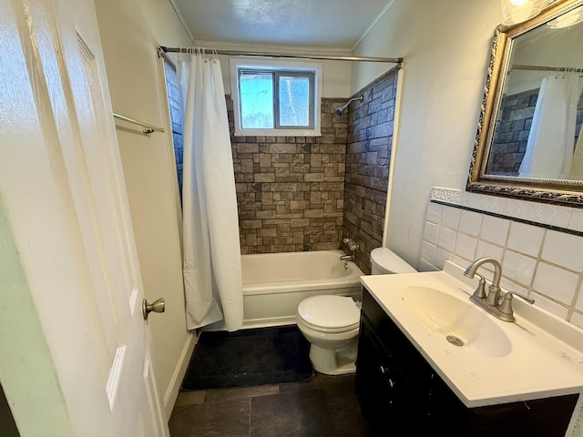 full bathroom with vanity, shower / tub combo, backsplash, and toilet