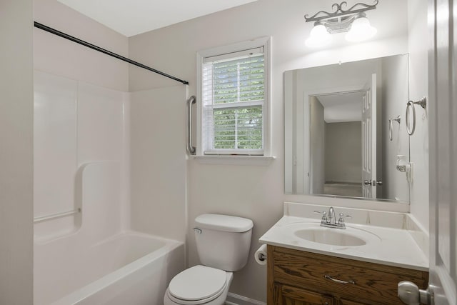 full bathroom featuring bathtub / shower combination, toilet, and vanity