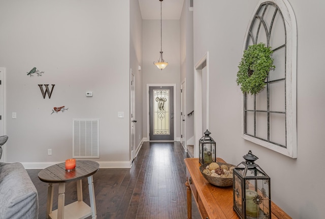 foyer with a high ceiling and dark wood-type flooring