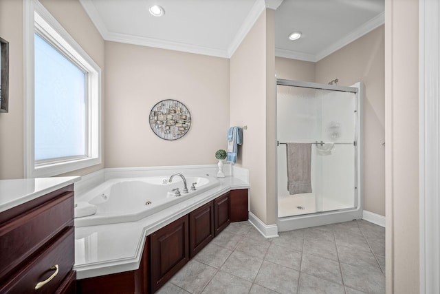 bathroom with ornamental molding, a healthy amount of sunlight, and plus walk in shower