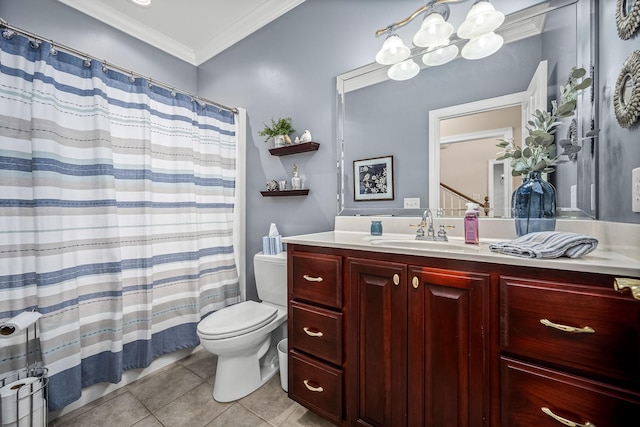 bathroom featuring toilet, tile patterned flooring, vanity, walk in shower, and crown molding