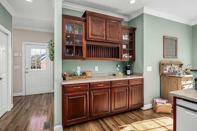 kitchen with ornamental molding, dishwasher, and dark hardwood / wood-style flooring