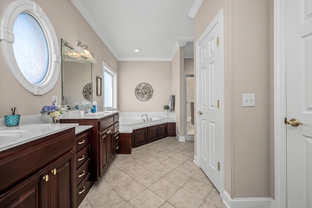 bathroom featuring vanity, crown molding, tile patterned floors, and a bathing tub