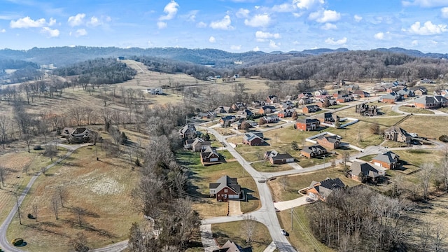 drone / aerial view featuring a mountain view