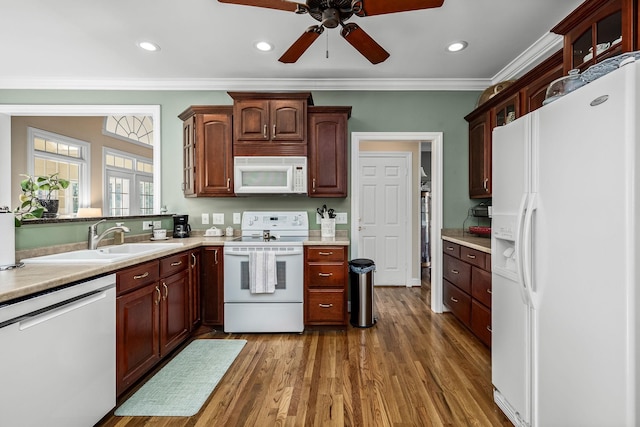 kitchen featuring dark hardwood / wood-style floors, sink, ornamental molding, ceiling fan, and white appliances