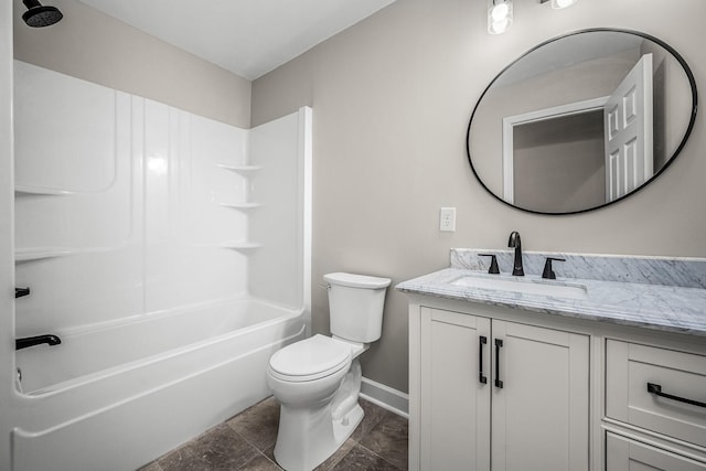 full bathroom featuring vanity, bathtub / shower combination, and toilet