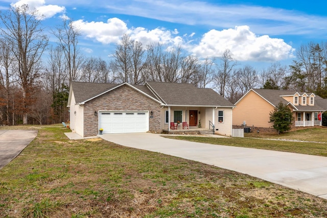 ranch-style house with a garage, central AC unit, covered porch, and a front lawn