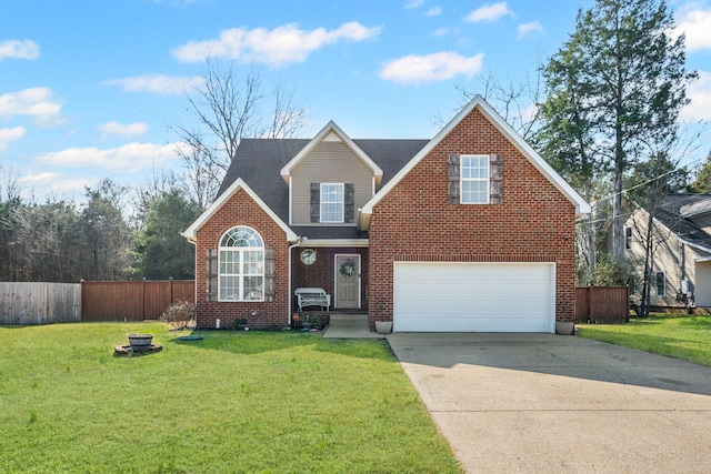 view of front property featuring a garage and a front lawn