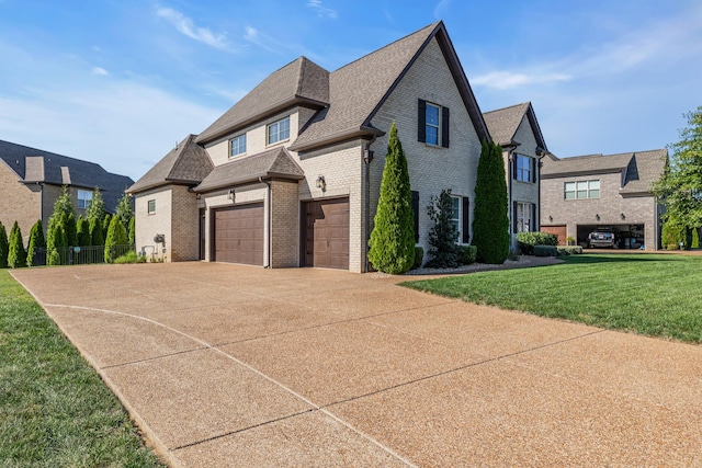 view of front of house with a garage and a front lawn