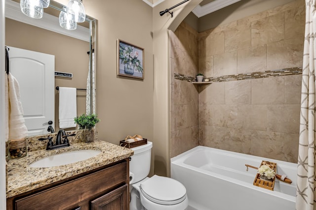 full bathroom featuring shower / bath combination with curtain, toilet, crown molding, and vanity