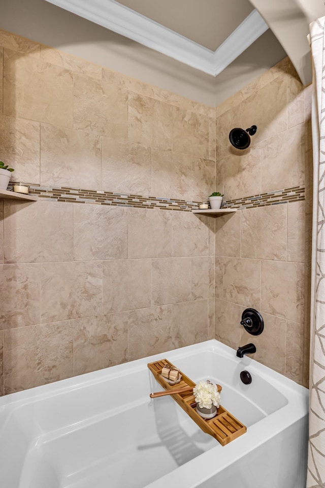 bathroom featuring shower / bath combo and crown molding