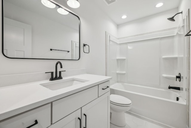 full bathroom featuring shower / bathing tub combination, vanity, toilet, and tile patterned flooring