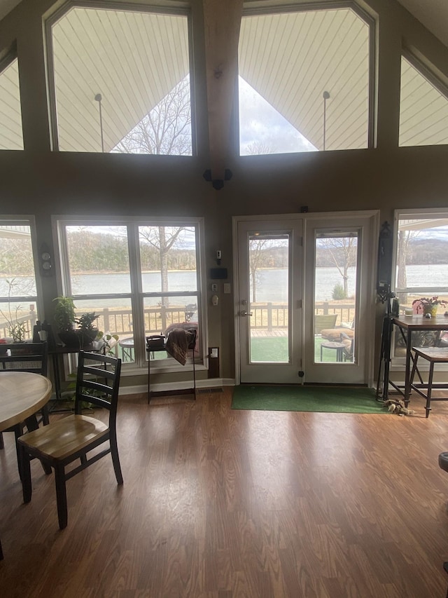 doorway to outside featuring plenty of natural light, dark wood-type flooring, and a high ceiling