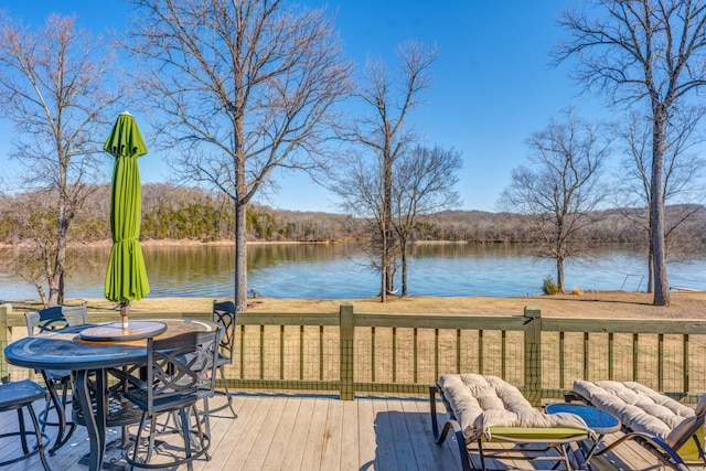 deck featuring a lawn and a water view