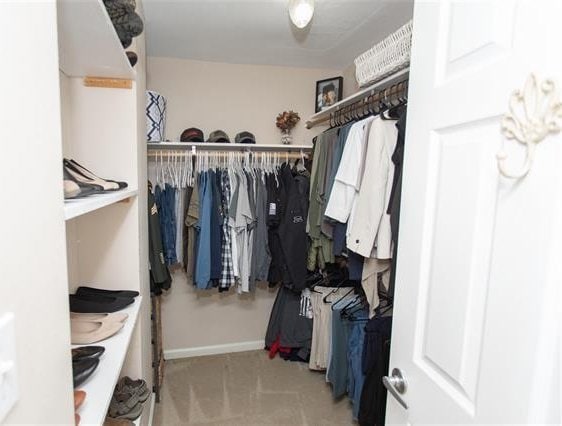 walk in closet with light carpet