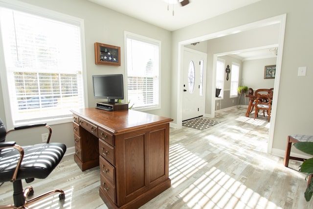 office space with ceiling fan and a wealth of natural light