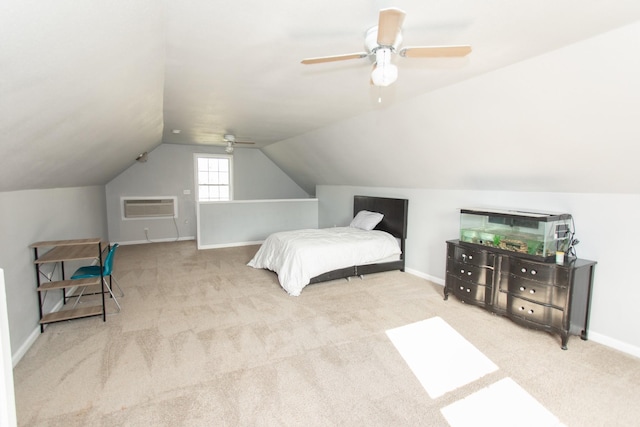 bedroom featuring a wall mounted air conditioner, light carpet, ceiling fan, and lofted ceiling