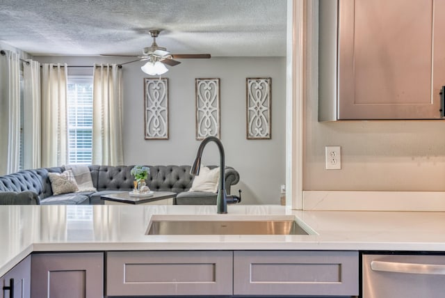 270 River Chase Rd, Allensville, KY 42204 - kitchen with stainless steel dishwasher, gray cabinets, a sink, a textured ceiling, and a ceiling fan