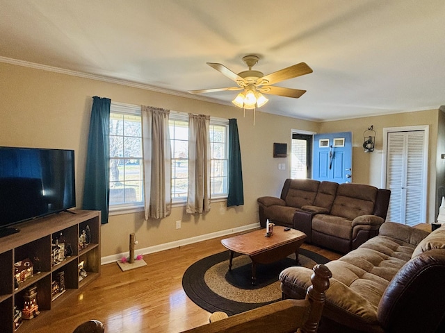 living room with wood-type flooring and ceiling fan