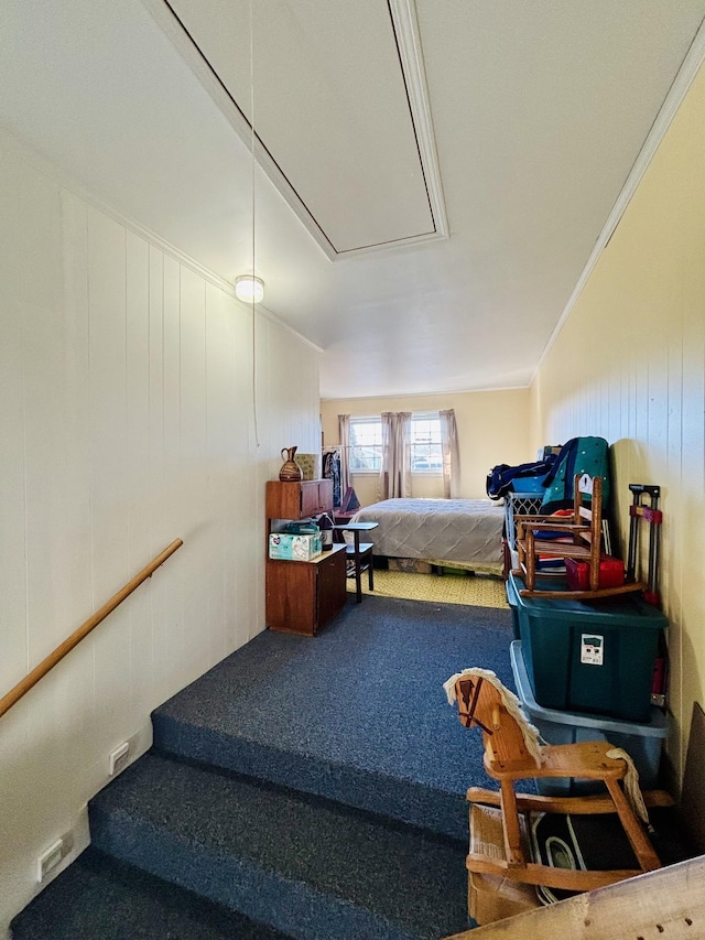 carpeted bedroom with crown molding