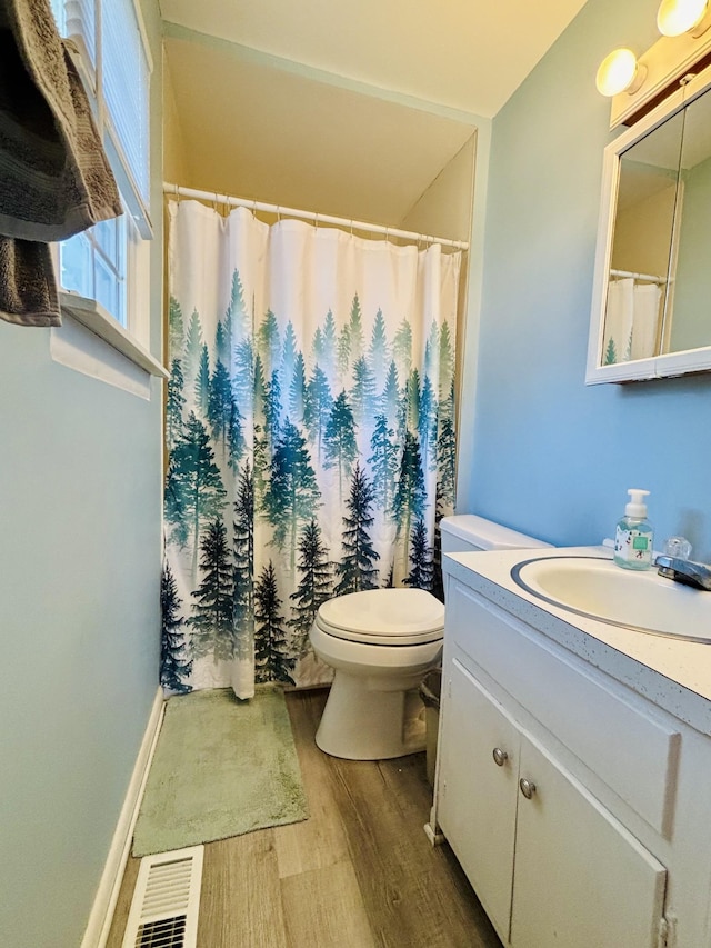 bathroom with hardwood / wood-style flooring, vanity, and toilet