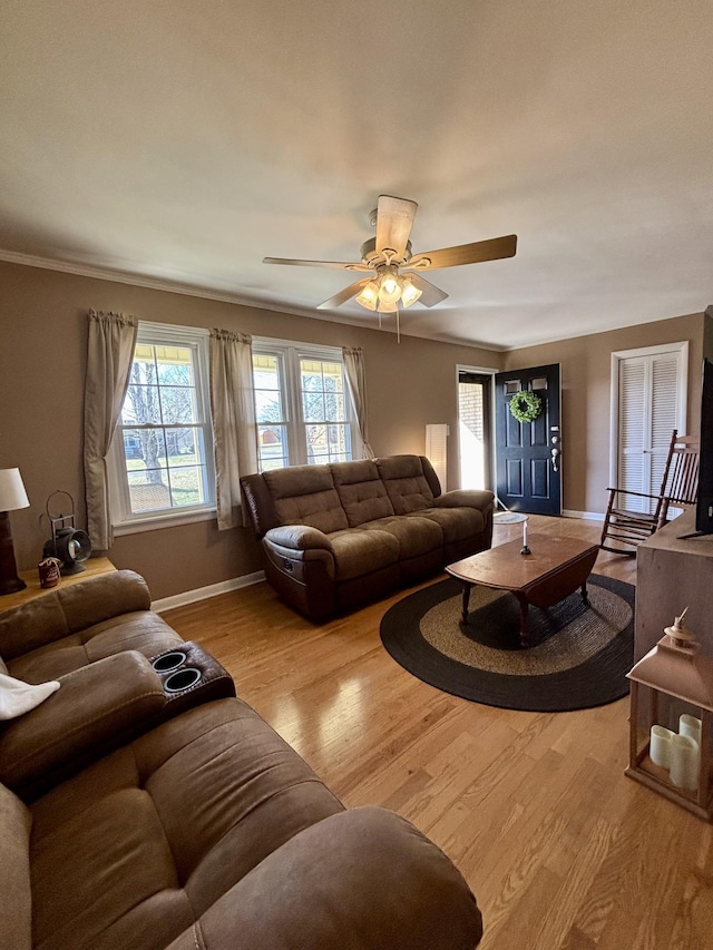 living room with light hardwood / wood-style flooring, ornamental molding, and ceiling fan