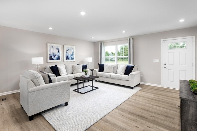 living room featuring a healthy amount of sunlight and light hardwood / wood-style flooring