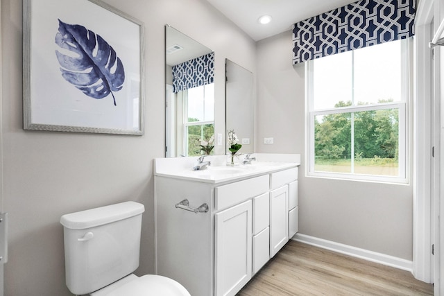 bathroom featuring hardwood / wood-style flooring, vanity, and toilet