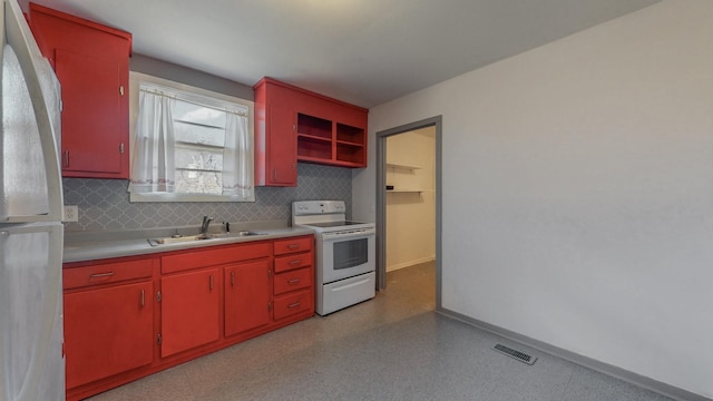 kitchen featuring decorative backsplash, white appliances, and sink