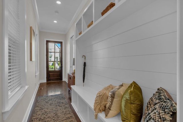 mudroom featuring dark hardwood / wood-style floors and ornamental molding