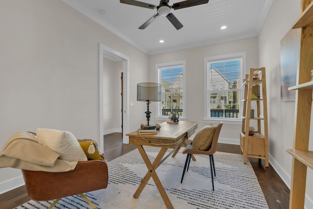 home office featuring ceiling fan, dark hardwood / wood-style flooring, and crown molding