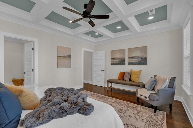 bedroom featuring ceiling fan, dark wood-type flooring, beamed ceiling, and coffered ceiling