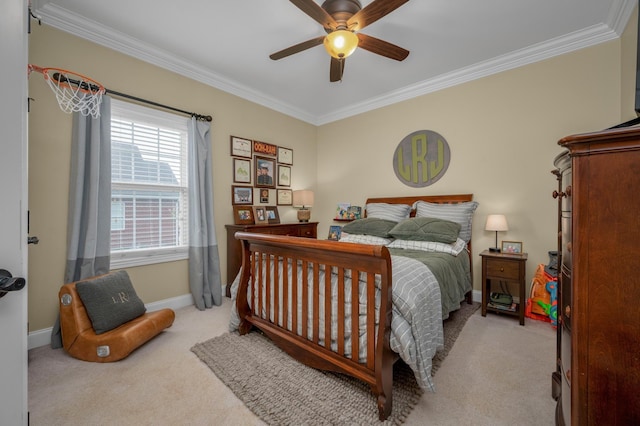 bedroom featuring ceiling fan, crown molding, and light carpet