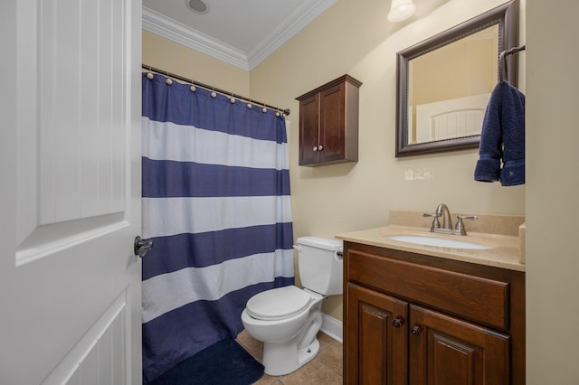 bathroom featuring a shower with shower curtain, vanity, crown molding, tile patterned flooring, and toilet